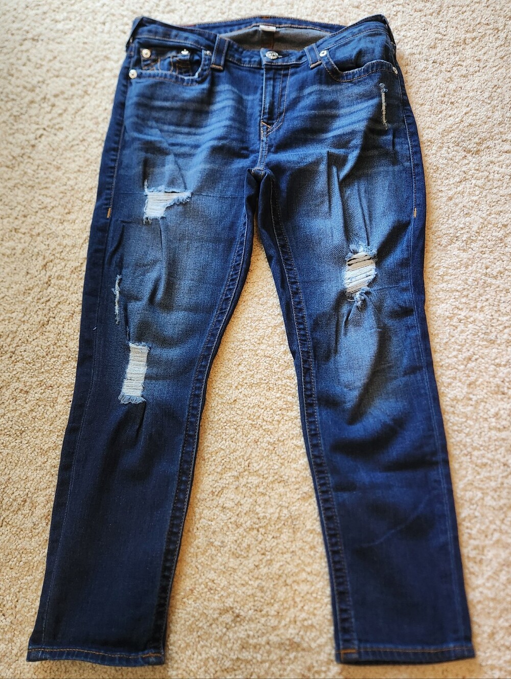 True Religion Women's Dark Blue Curvy Distressed Capri Jeans - Size 33